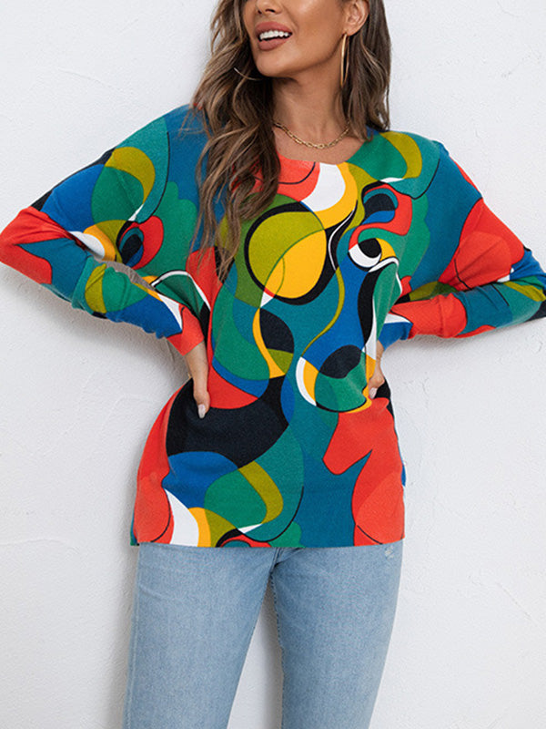 xakxx Long Sleeves Loose Contrast Color Printed Round-Neck Knitwear Pullovers Sweater Tops