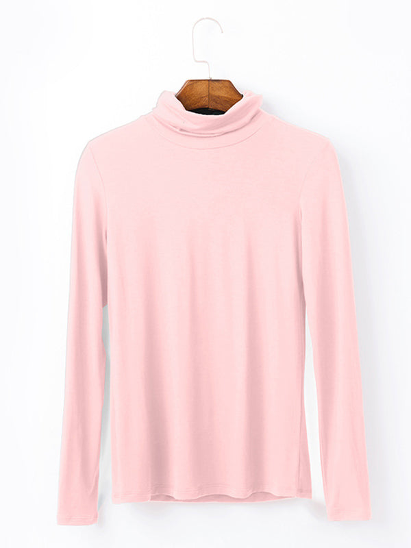 xakxx Simple Long Sleeves Skinny Solid Color High-Neck T-Shirts