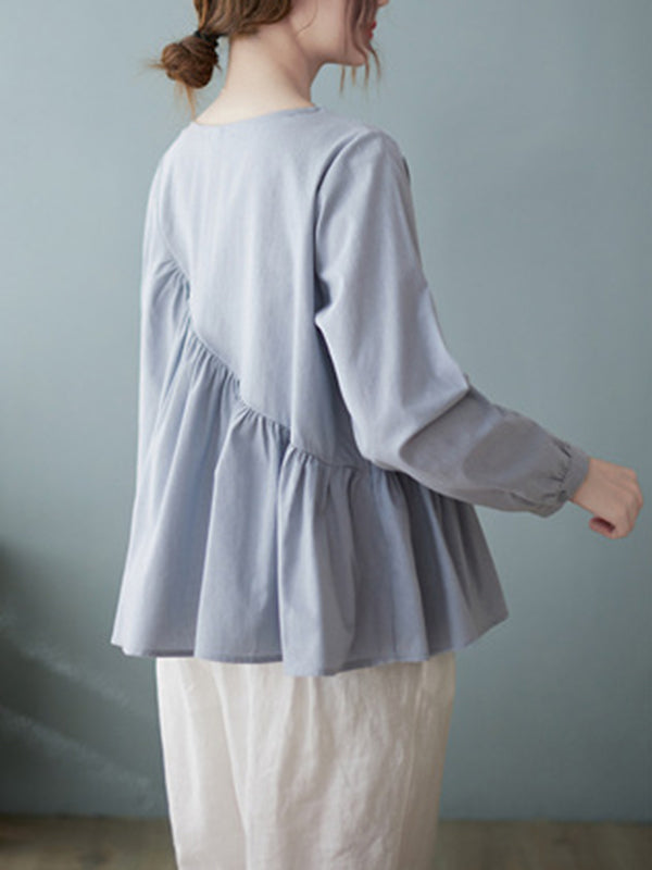 xakxx Casual Loose Long Sleeves Solid Color Round-Neck T-Shirts Tops