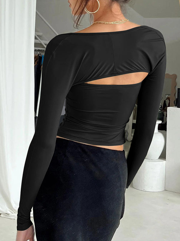xakxx Long Sleeves Skinny Solid Color Collarless T-Shirts Tops