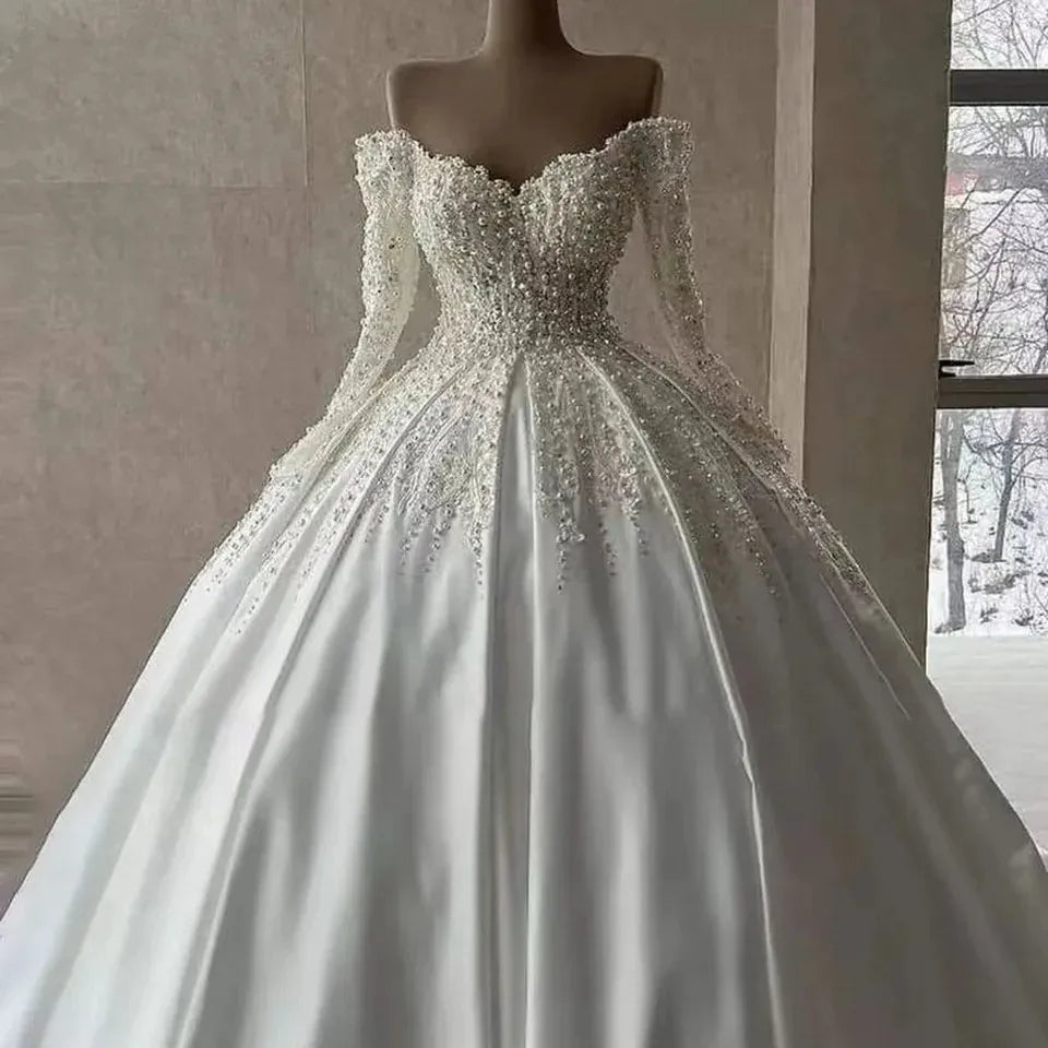 Luxury Off Shoulder Pearls Beading Wedding Dress Princess Long Illusion Sleeves Satin Arabic Bridal Gowns Vestidos De Noiva