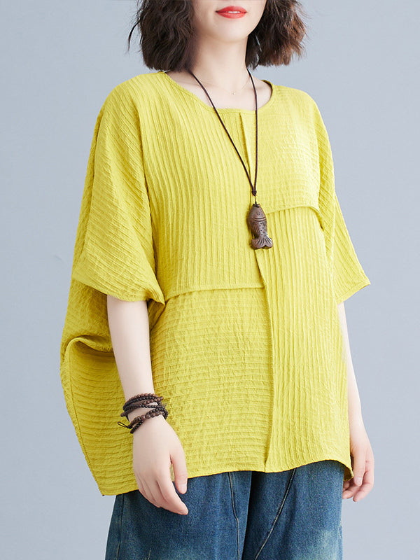 xakxx Batwing Sleeves Loose Solid Color Split-Joint Round-Neck T-Shirts Tops