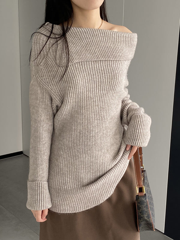xakxx Long Sleeves Loose Solid Color Off-The-Shoulder Knitwear Pullovers Sweater