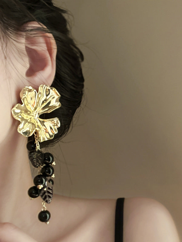 xakxx Contrast Color Flower Shape Pleated Drop Earrings Earrings Accessories