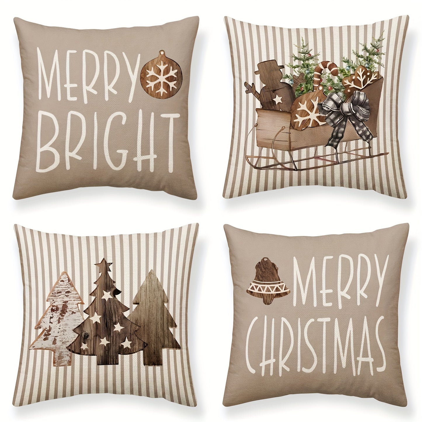 4 PCS Merry Christmas Blessings Throw Pillow Covers - Warm Curry Striped Vintage Woodgrain Sleigh Christmas Tree Design, Holiday Party Home Decor, Soft and Cozy, 18x18 inches (45x45 cm) - Pillow Inserts Not Included, Perfect for Indoor and Outdoor Decorat