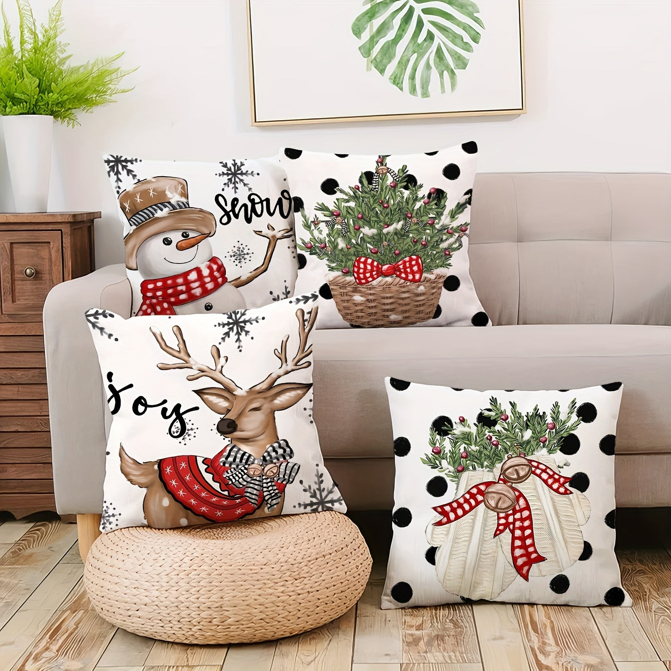 Set of 4 Festive Christmas Throw Pillow Covers - Reversible, Machine Washable, Woven Polyester, Zipper Closure, Contemporary Style - Perfect for Home Decor, Holiday Season, 17.7" and 15.7" Square, Snowman Reindeer Designs