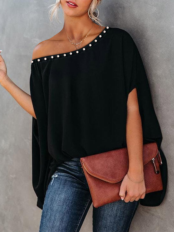 xakxx Loose Raglan Sleeve Beaded One-Shoulder T-Shirts Tops
