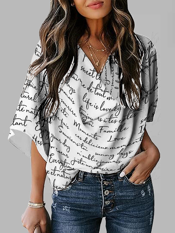 xakxx Loose Short Sleeves Letter Print Shoulder Pad Heaps Collar T-Shirts Tops