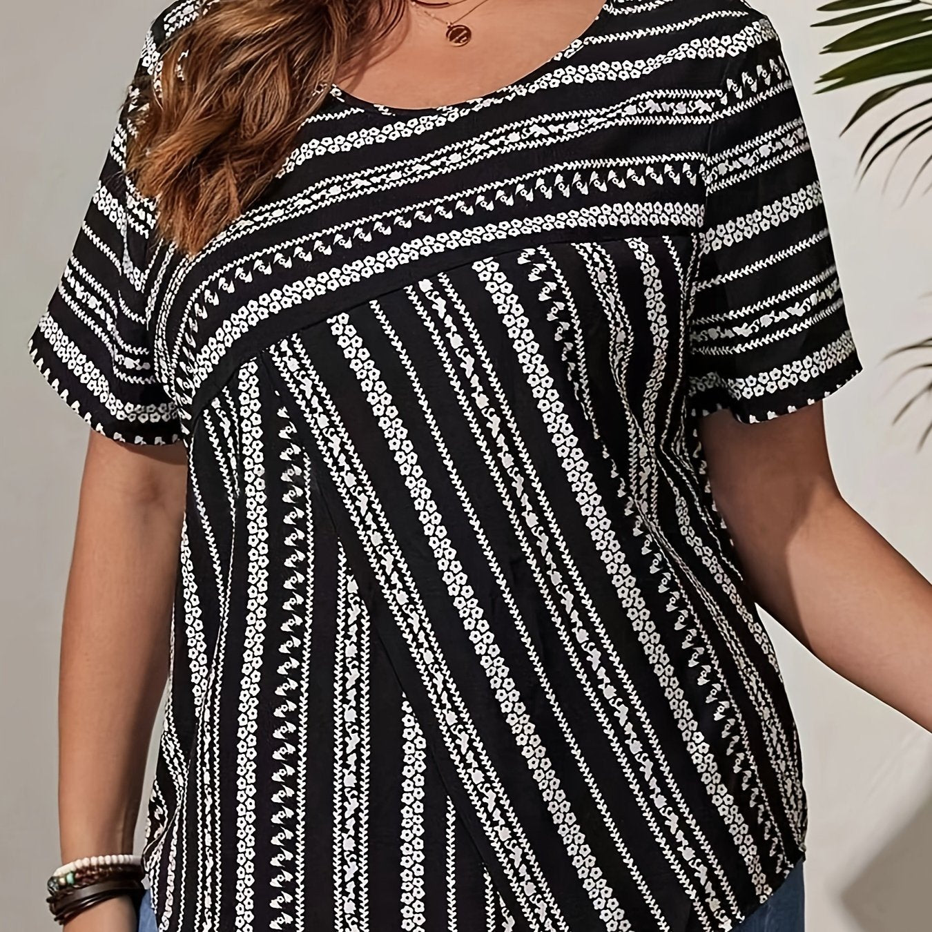 Plus Size Elegant Floral Print Crew Neck Blouse - Soft Slight Stretch Fabric, Relaxed Fit, Short Sleeve, Weekend Casual Wear for Spring, Summer, and Fall - Womens Oversized Shirting with Random Printing