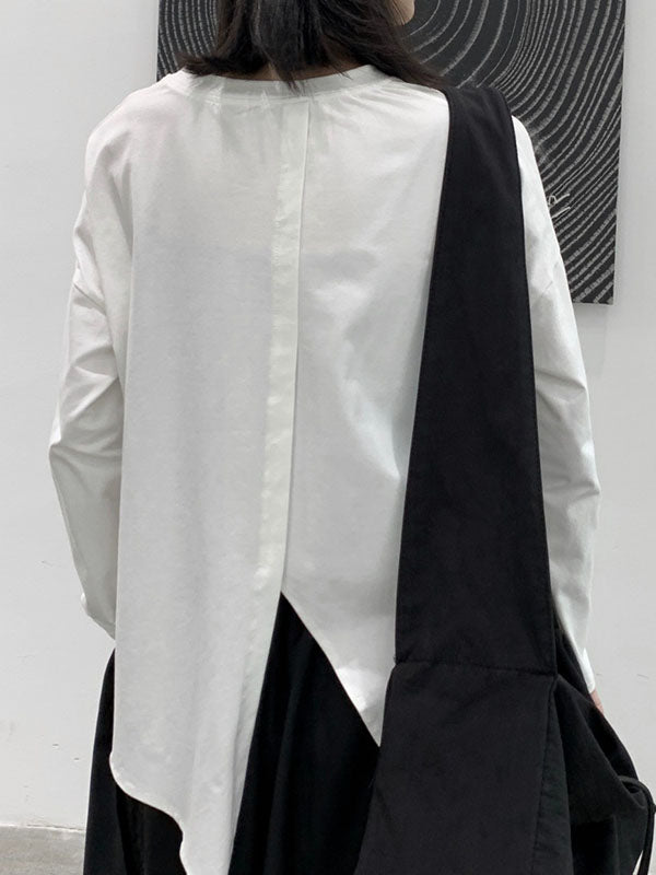 xakxx Long Sleeves Loose Asymmetric Solid Color Split-Front Split-Joint Round-Neck T-Shirts