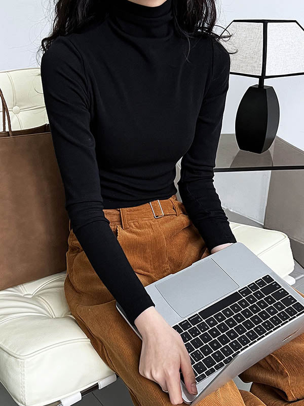 xakxx Long Sleeves Skinny Solid Color Split-Joint High Neck T-Shirts