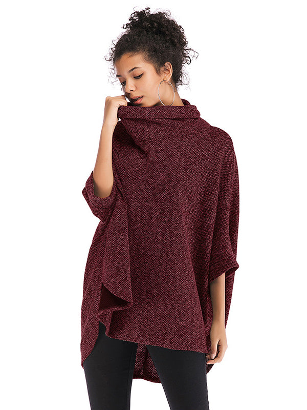 xakxx Casual Loose Half Sleeves Solid Color High-Neck Sweater Tops