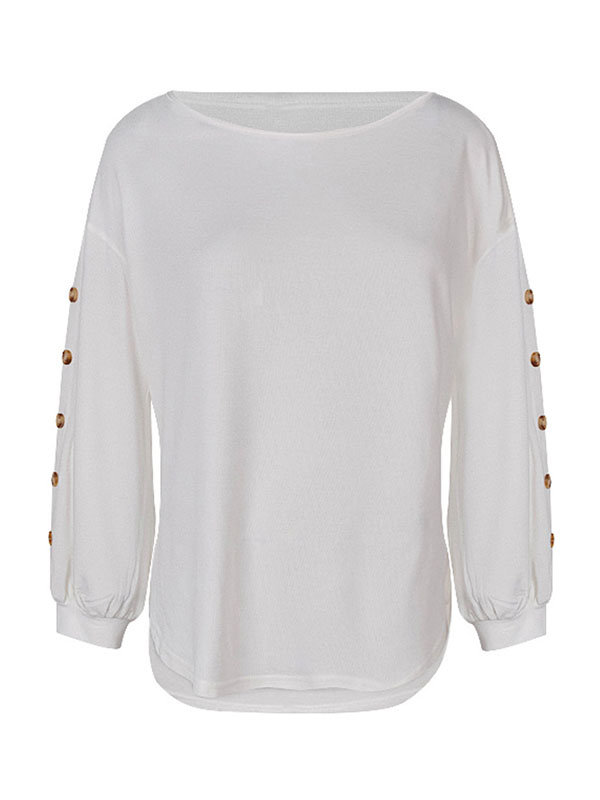 xakxx Simple Loose Long Sleeves Solid Color Round-Neck T-Shirts Tops