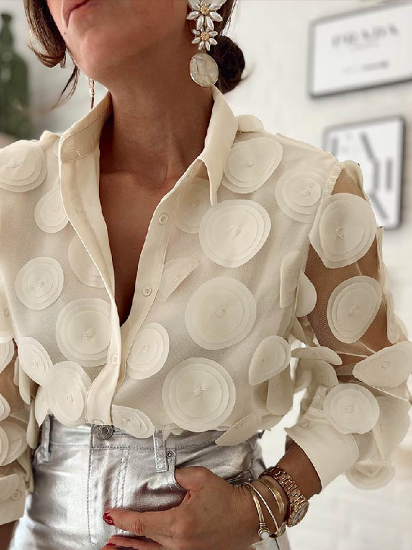 xakxx Long Sleeves Loose Buttoned Mesh Polka-Dot Split-Joint Lapel Blouses&Shirts Tops