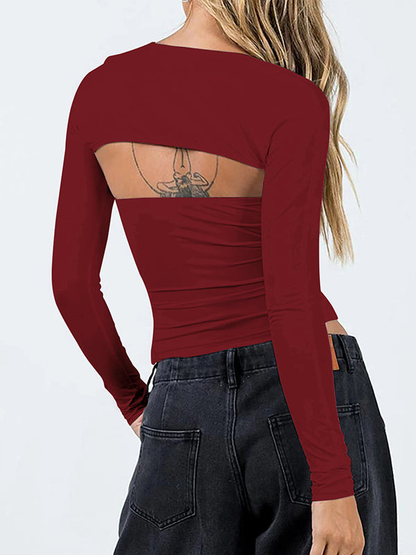 xakxx Long Sleeves Skinny Solid Color Collarless T-Shirts Tops