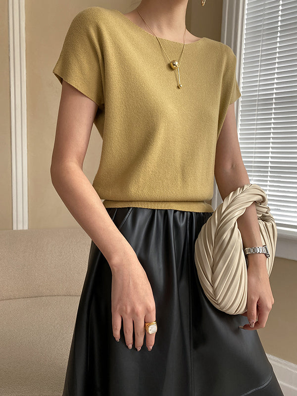 xakxx Stylish Loose Solid Color Boat Neck Knitwear Pullovers Tops