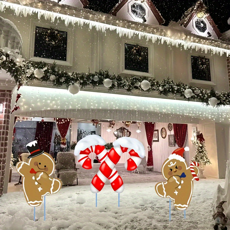 3pcs Christmas Gingerbread for Man & Candy Cane Yard Stakes Set - Outdoor Holiday Decor for Garden, Lawn, and Pathways