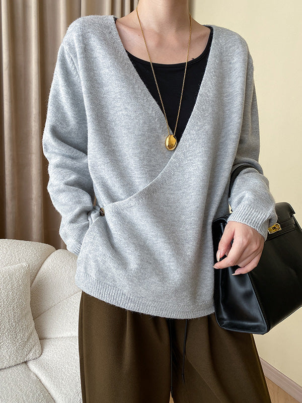 xakxx Long Sleeves Loose Asymmetric Buttoned V-neck Sweater Tops