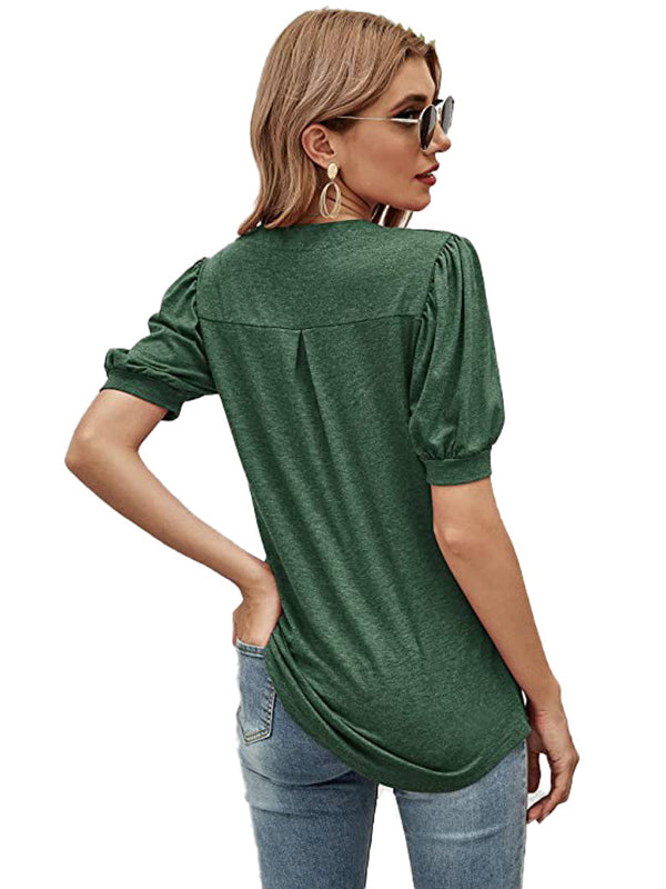 xakxx Simple Solid Color V-Neck Puff Sleeves T-Shirt Top
