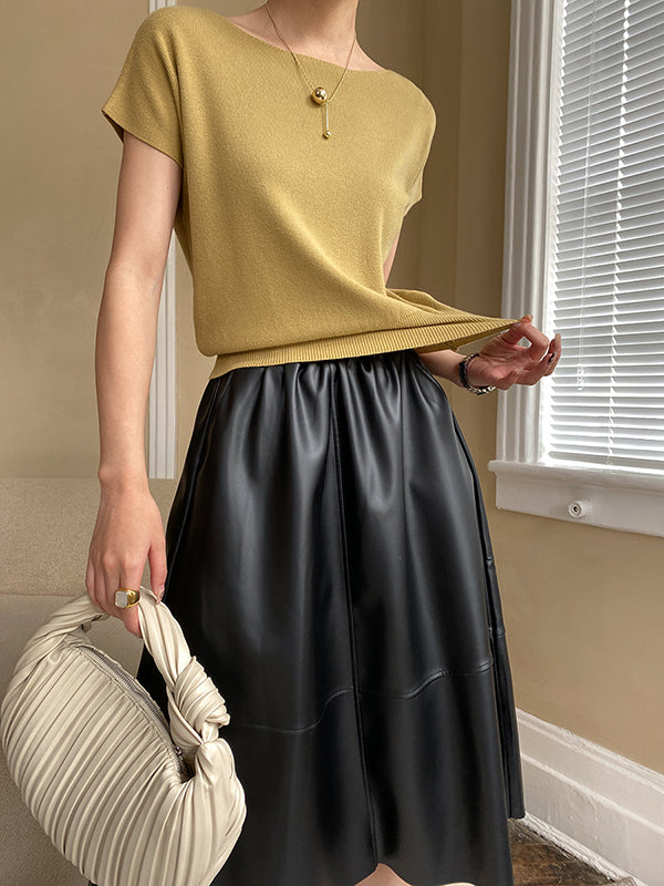 xakxx Stylish Loose Solid Color Boat Neck Knitwear Pullovers Tops