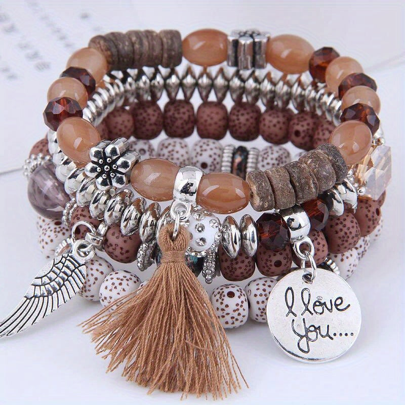 4pcs/Set Enchanting Love Wings Tassel Bracelet Ensemble - Lustrous Volcano Stone Beads & Multicolored Strands - Bohemian Chic Retro Style - Perfect Holiday Gift