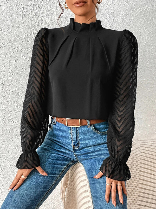 xakxx Long Sleeves Loose Elasticity Mesh Pleated Solid Color Mock Neck Blouses&Shirts Tops
