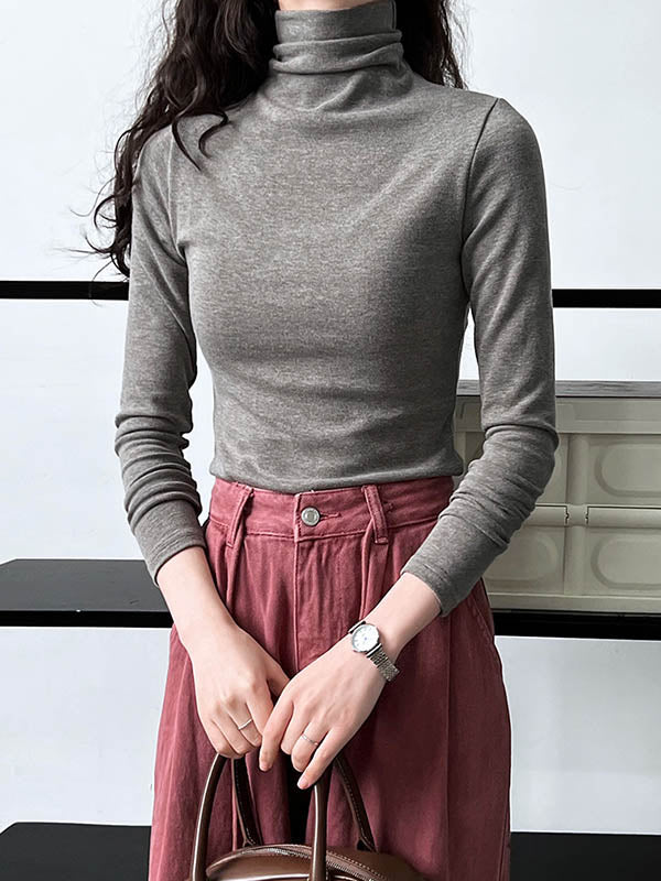xakxx Long Sleeves Skinny Solid Color Split-Joint High Neck T-Shirts