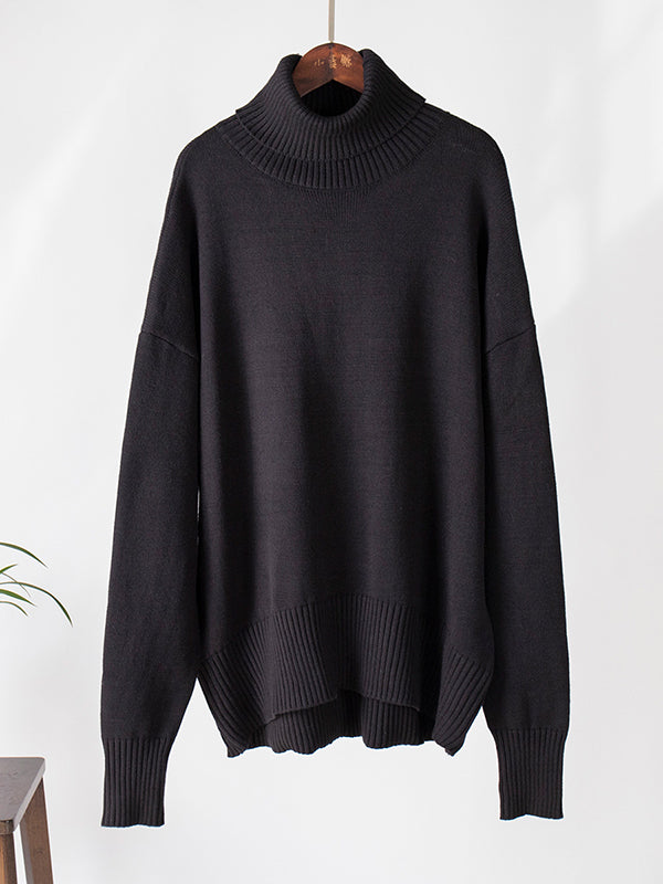 xakxx Long Sleeves Loose Solid Color High Neck Knitwear Pullovers Sweater Tops