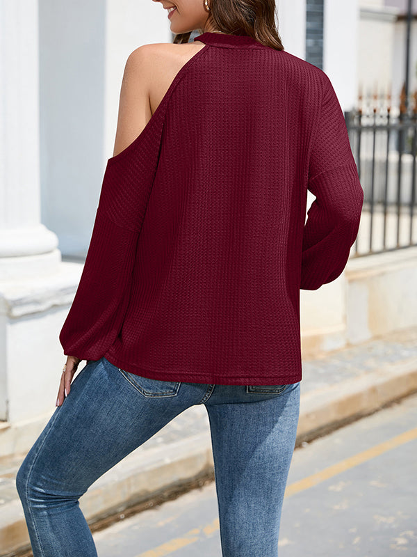 xakxx Loose Hollow Solid Color One-Shoulder Shirts