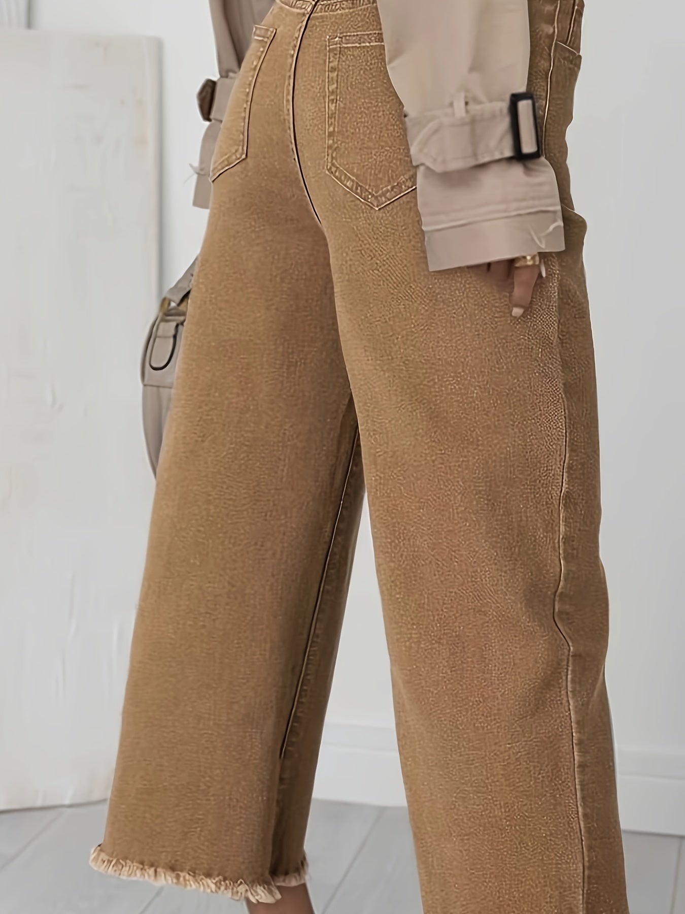 Womens Wide Leg Cropped Denim Pants - Soft Cotton, Slight Stretch, Mid-Rise, Raw Hem, Versatile Solid Color, Side-Stripe Detail, Zip Fly with Button Closure, Perfect for Spring, Summer, and Fall Seasons