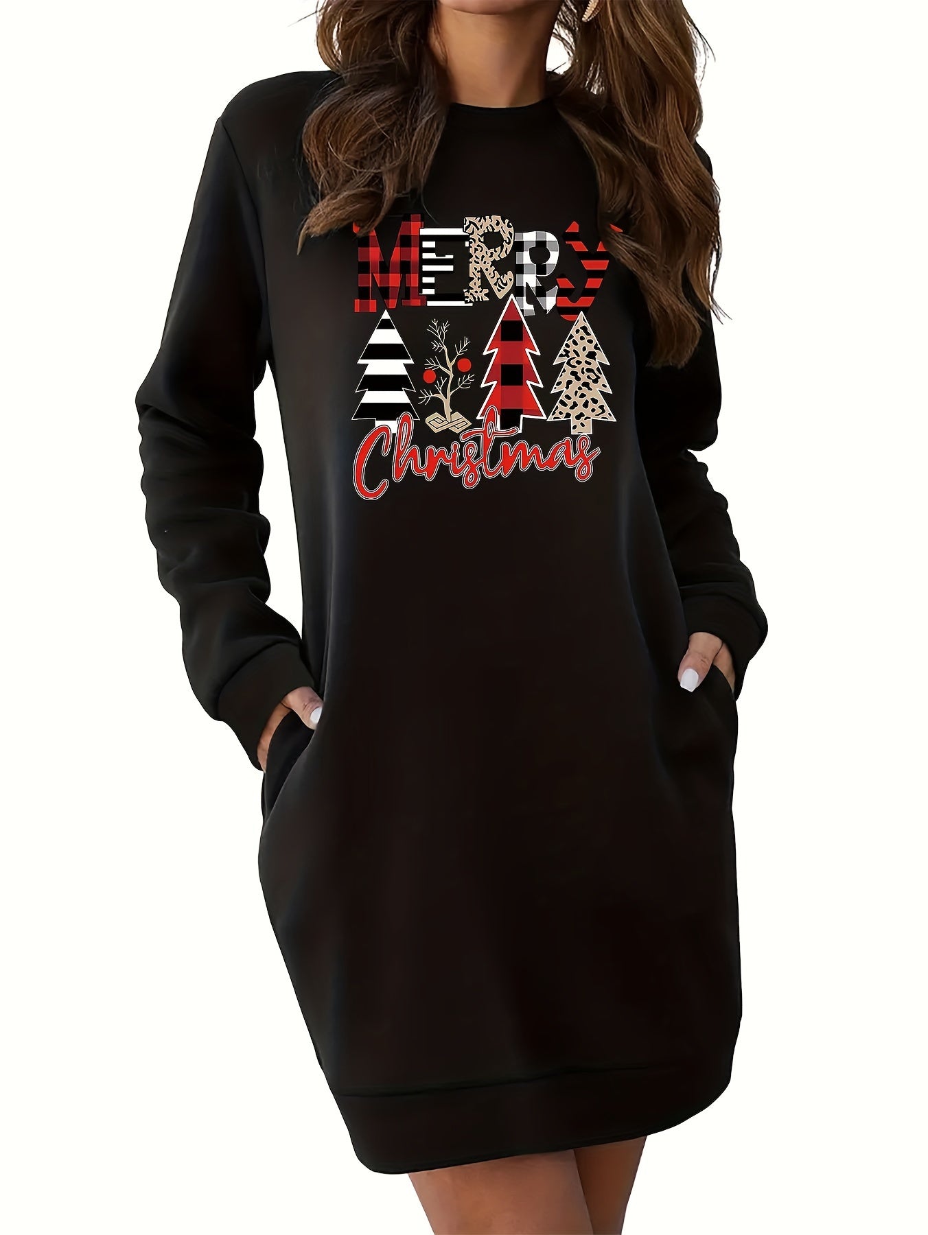 Cozy Fleece-Lined Christmas Sweatshirt Dress with Pockets - Long Sleeve, Round Neck, Festive Letter Print for Women