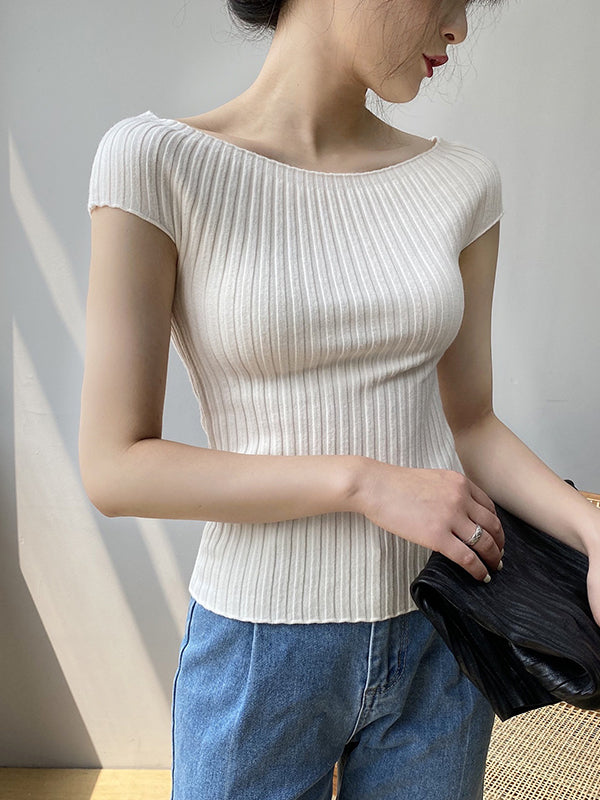 xakxx Short Sleeves Skinny Solid Color Boat Neck Knitwear Pullovers Sweater