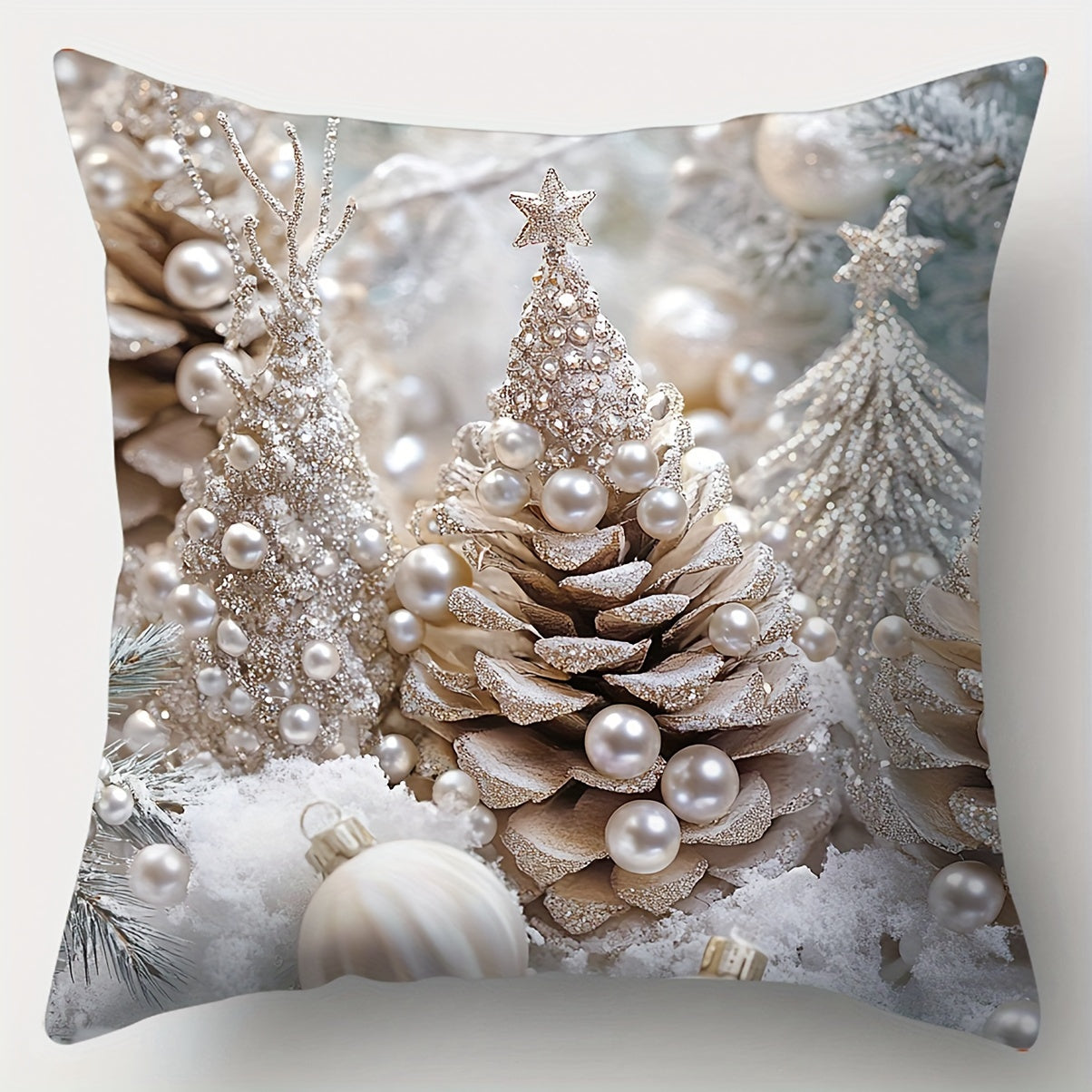 4-Piece Set of Contemporary Christmas Throw Pillow Covers, Hand Wash Only, Zipper Closure, 17.72" Woven Polyester Decorative Cushions with Santa, Snowman, Pine Cone Print for Living Room, Office, Sofa