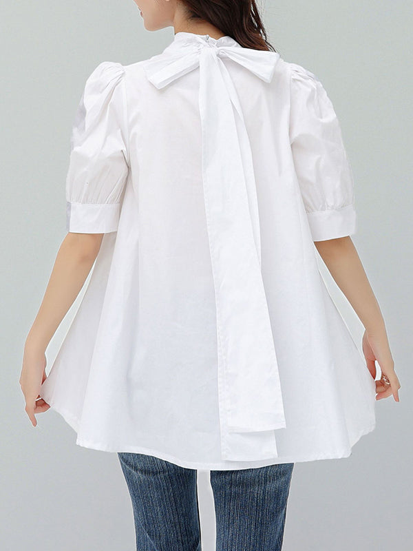 xakxx Casual Loose Bow-Embellished Solid Color Blouse