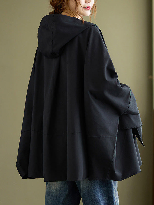 xakxx Loose Solid Color Buttoned Hooded Long Sleeves Trench Coat