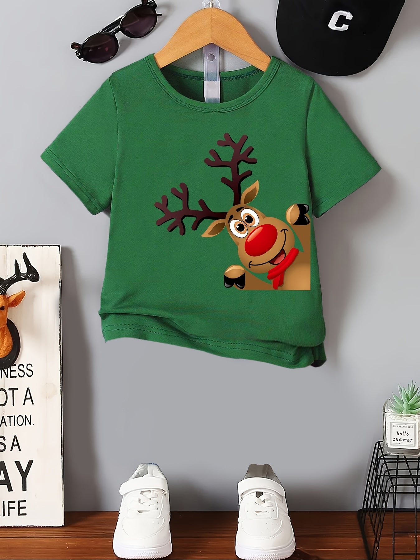 Boys' Summer Fashion T-Shirt with Cute Reindeer Print - Casual Short Sleeve, Polyester, Christmas Theme