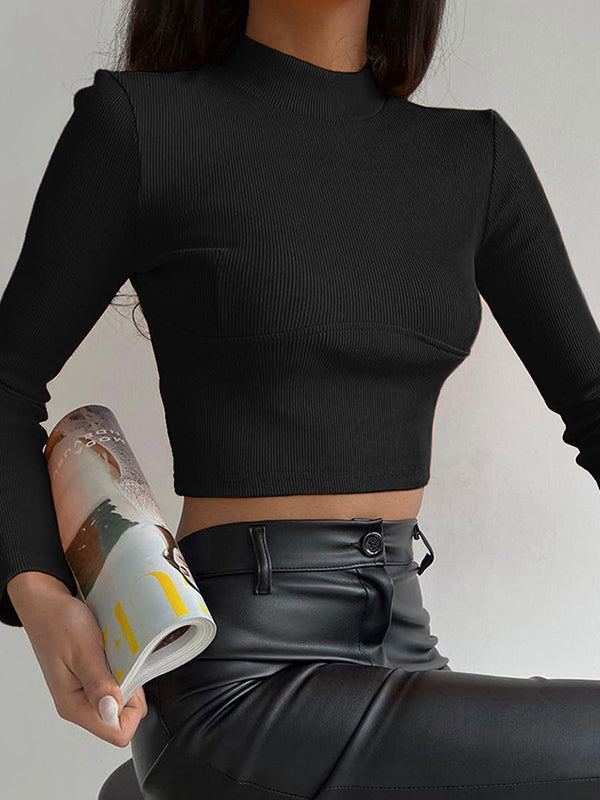 xakxx Long Sleeves Skinny Solid Color Mock Neck T-Shirts Tops