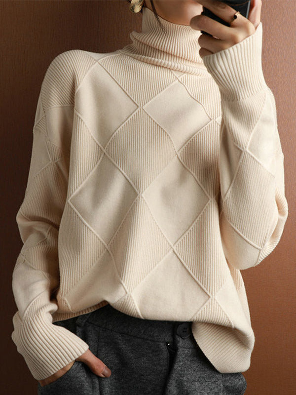 xakxx Casual Loose Solid Color Striped High-Neck Long Sleeves Sweater Tops