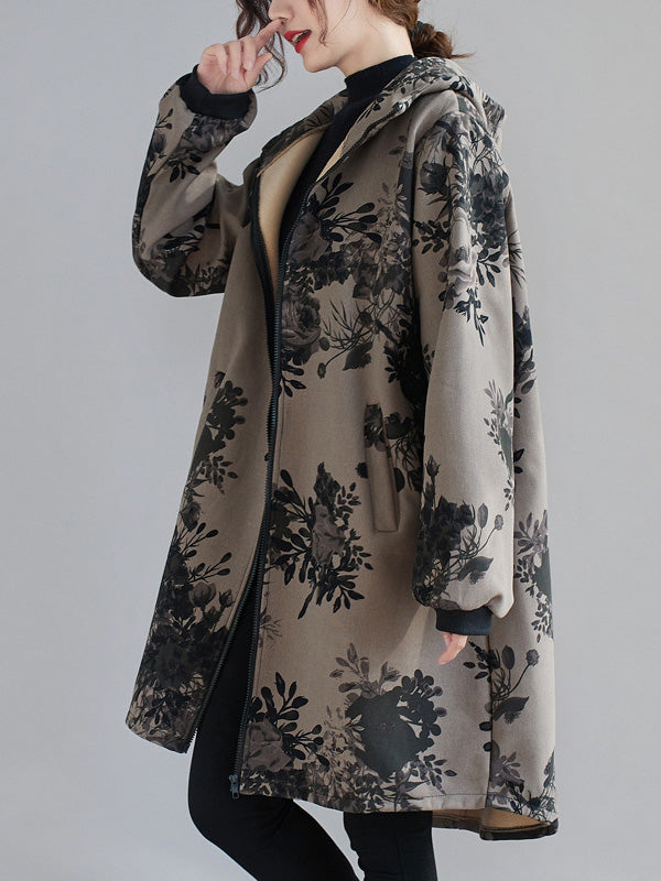 xakxx Artistic Retro Loose Floral Printed Hooded Long Sleeves Outwear
