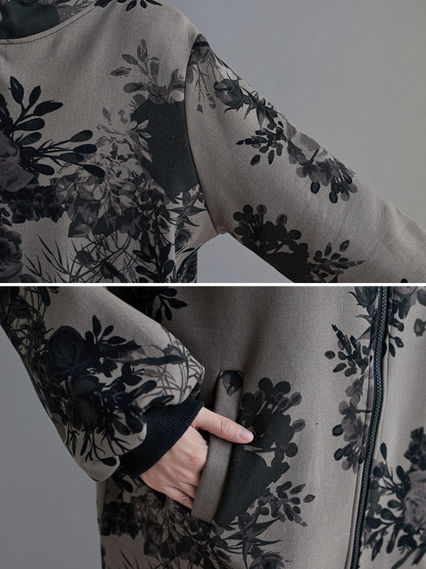 xakxx Artistic Retro Loose Floral Printed Hooded Long Sleeves Outwear