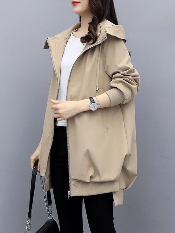 xakxx Casual Loose 4 Colors Pleated Zipper Hooded Long Sleeves Outwear