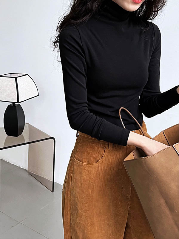 xakxx Long Sleeves Skinny Solid Color Split-Joint High Neck T-Shirts