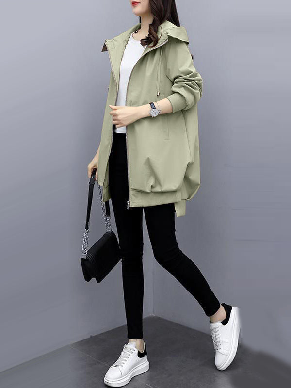 xakxx Casual Loose 4 Colors Pleated Zipper Hooded Long Sleeves Outwear