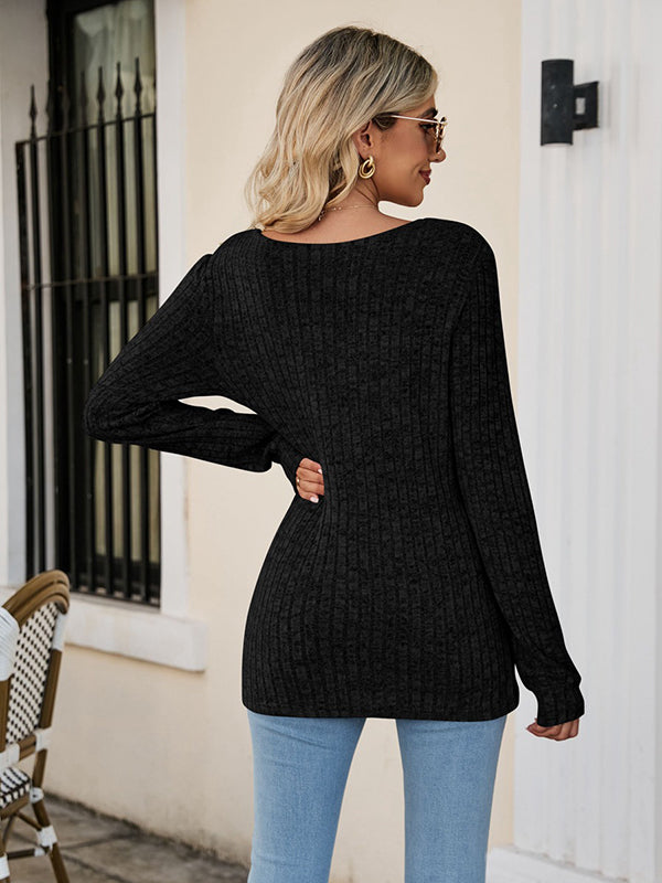 xakxx Casual Long Sleeves Skinny Solid Color Square-Neck Sweater Tops