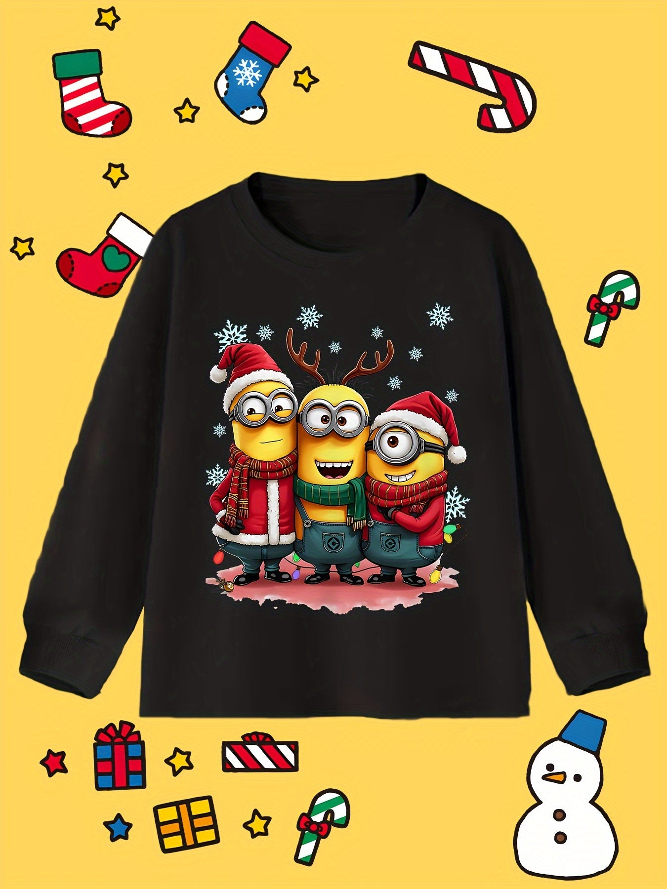 Boys' Minions Cartoon Christmas T-Shirt, Casual Cotton Long Sleeve Top, Festive Holiday Gift, Perfect for Birthday, Outdoor Wear, Loose Fit, Knit Fabric, Round Neck, Cartoon Pattern, Spring/Autumn Season