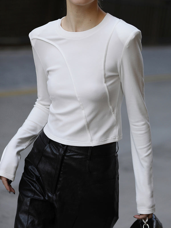 xakxx Long Sleeves Skinny Shoulder Pad Solid Color Round-Neck T-Shirts Tops