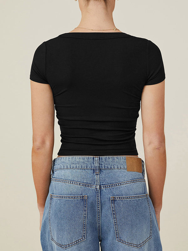 xakxx Short Sleeves Skinny Solid Color Square-Neck T-Shirts Tops