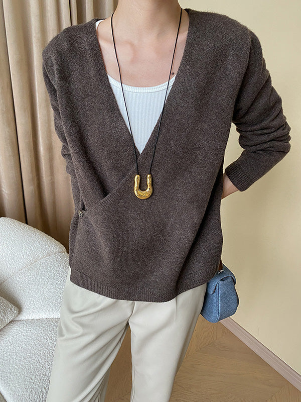 xakxx Long Sleeves Loose Asymmetric Buttoned V-neck Sweater Tops
