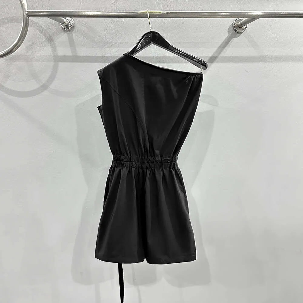 Cargo Jumpsuit Fashion Designer Women Tops Shirt New Summer Solid Black One Shoulder Elastic Waist Casual Style FZ2404092