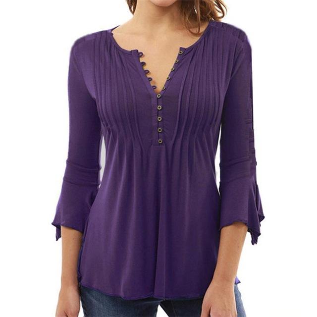 Xakxx - Women Elegant Ruffles Tops Plus Size Flare Sleeve Solid Casual Loose Shirt Blouse